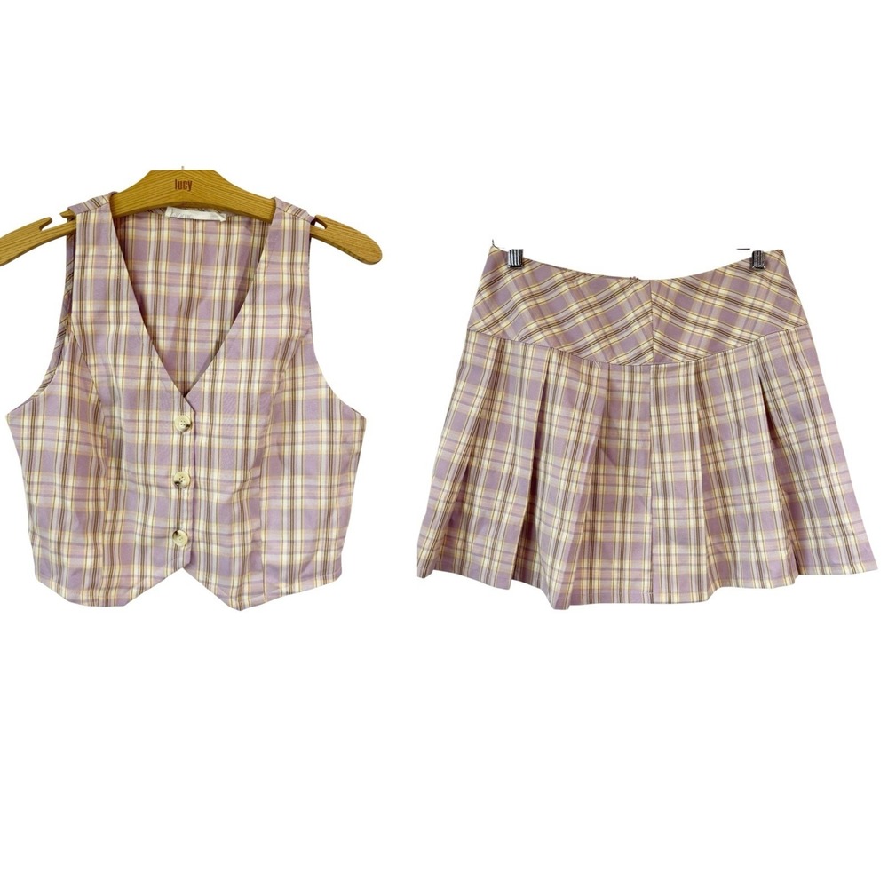 Elodie Women 2Pc Matching Purple Small Checkered Plaid Vest Medium Pleated Skirt
